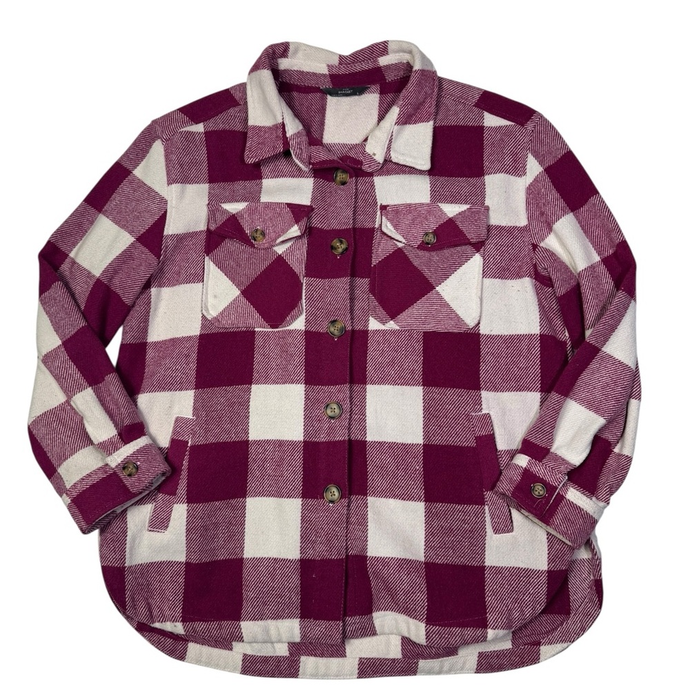Plaid Shacket Jacket Burgundy Cream Large Button‎ Down Fall Layering Piece
